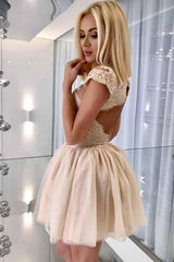 Cute Illusion Neckline Tulle Appliqued Short Homecoming Dress with Pleats