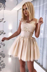 Cute Illusion Neckline Tulle Appliqued Short Homecoming Dress with Pleats