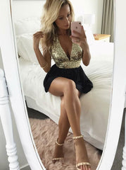Black Sequins Bodice Deep V-Neck Short Cocktail Party Dresses