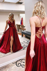 Burgundy Backless Long Prom Dress, A-Line V-Neck Formal Evening Dress