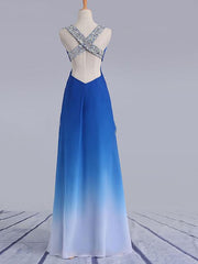 Elegant Strappy Cross Back Beaded Ombre Blue Prom Dress