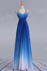 Elegant Strappy Cross Back Beaded Ombre Blue Prom Dress