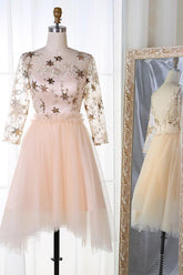 A-Line Bateau 3/4 Sleeves Stars Embroidered Tulle Homecoming Dresses