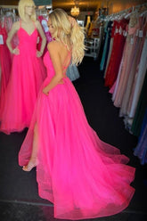 Fuchsia Backless Long Prom Dresses with Split, Tulle Graduation Gown