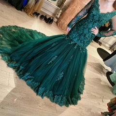 Dark Green Mermaid Evening Dresses, Tulle Long Sleeves Appliques Party Gowns