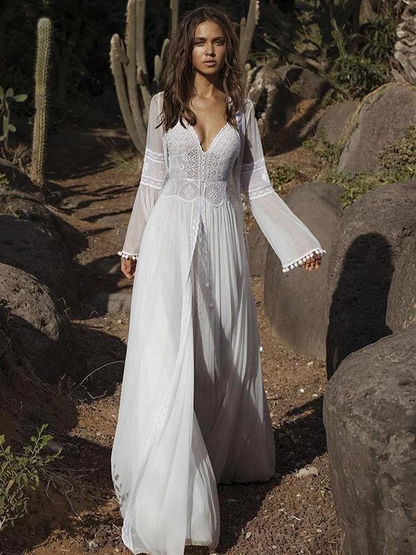 Boho V-Neck Chiffon Backless Two-Piece Beach Wedding Dress