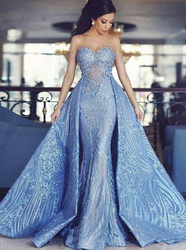 Detachable Train Mermaid Formal Evening Dresses Blue Appliques Prom Gowns