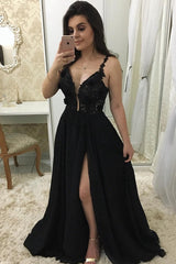 Black Long Prom Dress with Appliques, Split Black Evening Dress