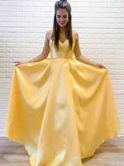 Daffodil A-Line V-Neck Satin Long Prom Dress, Simple Evening Dress