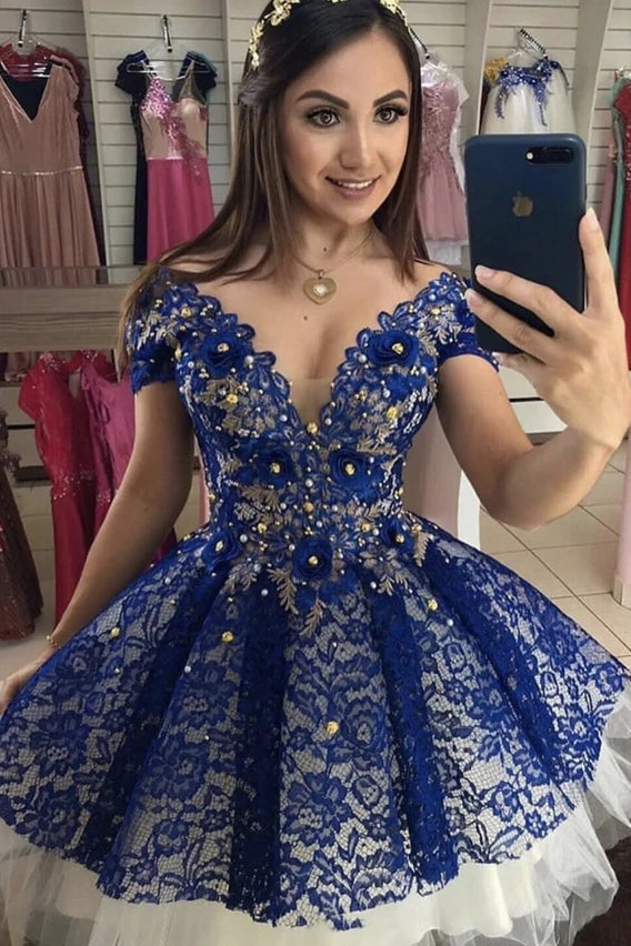 Cute Lace Royal Blue Homecoming Dress, Cap Sleeves Sweet 16 Dress with Beaded