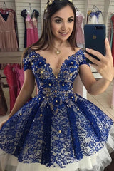 Cute Lace Royal Blue Homecoming Dress, Cap Sleeves Sweet 16 Dress with Beaded