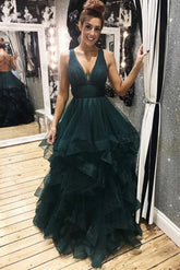 Dark Green Tulle Backless Prom Dresses, Long Evening Dress