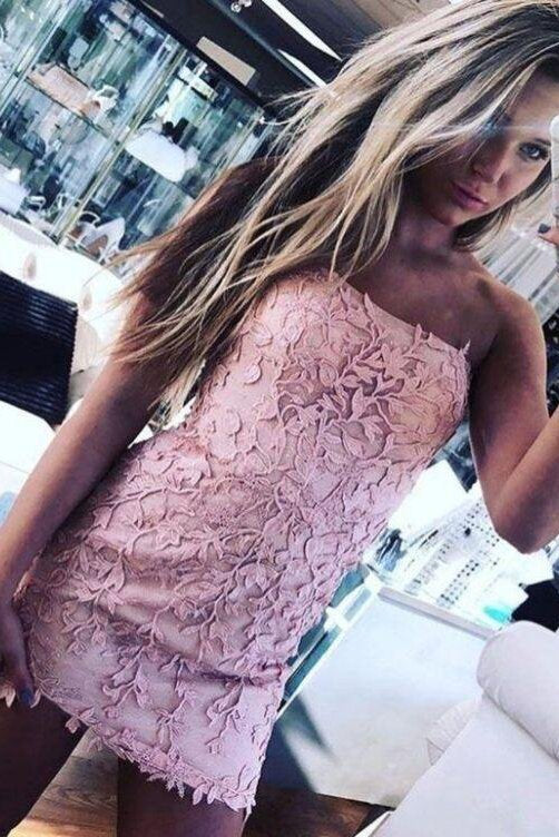 Fitted Strapless Pink Lace Homecoming Dress, Tight Cocktail Dress