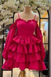 Fuchsia Ruffle Sweetheart Long Sleeves Homecoming Dress, Tiered Short Party Gown