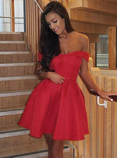 Elegant Off-Shoulder Pleated Red Satin Short Prom Dress