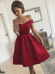 Elegant Off-Shoulder Pleated Red Satin Short Prom Dress