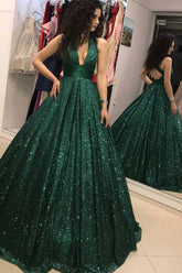 Dark Green V-Neck Sparkly Sequins Ball Gown Prom Dress