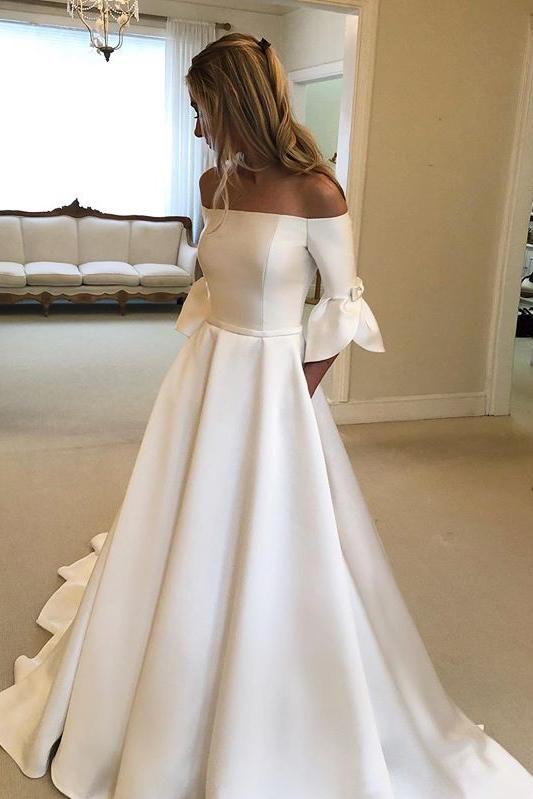 Flare Sleeve Simple Wedding Dress, Princess Off-Shoulder Wedding Dress