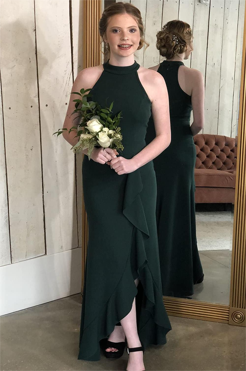 Dark Green Halter A-Line Satin Prom Dress with Ruffles