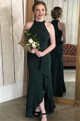 Dark Green Halter A-Line Satin Prom Dress with Ruffles