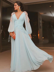 Elegant Light Blue Long Puffy Sleeves Evening Dresses Chiffon Prom Dress