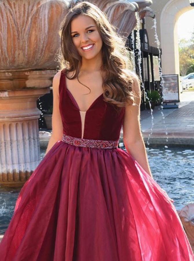 Elegant A-Line V-Neck Beading Waist Chiffon Long Burgundy Prom Dress