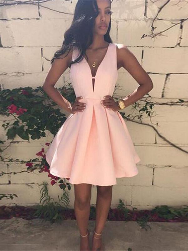 Custom Made V-Neck Pink Short Prom Homecoming Formal Dresses