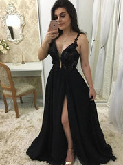 Black Long Prom Dress with Appliques, Split Black Evening Dress