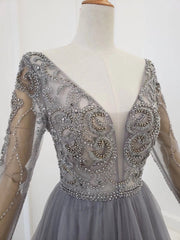 Elegant A-Line V-Neck Tulle Beading Long Sleeves Silver Prom Dress