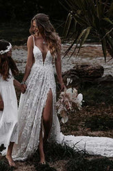 Deep V-Neck Lace Floral A-Line Wedding Dresses with Slit