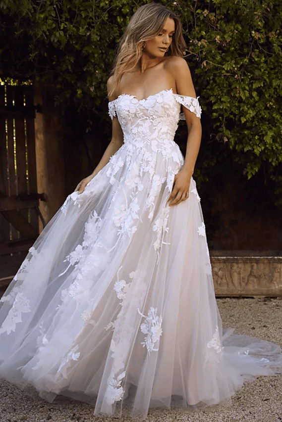 Boho A-Line Off Shoulder Lace Appliques Wedding Gown
