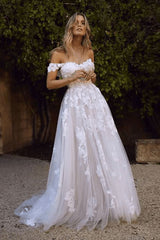 Boho A-Line Off Shoulder Lace Appliques Wedding Gown