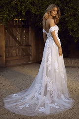 Boho A-Line Off Shoulder Lace Appliques Wedding Gown
