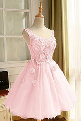 Cute Pink A-Line Beaded Flowers Short Homecoming Dress