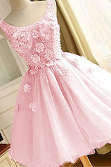 Cute Pink A-Line Beaded Flowers Short Homecoming Dress