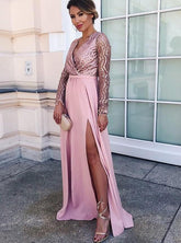 A-Line V-Neck Long Sleeves Satin Pink Long Prom Dress with Split