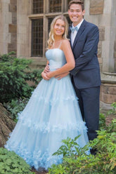 Elegant A-Line Light Blue Long Prom Dresses, Ruffles Tulle Formal Evening Dresses