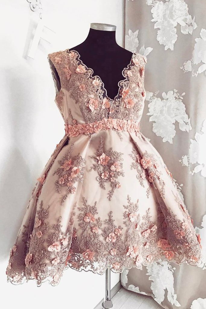 Cute V-Neck Lace Short Homecoming Dress, Appliqued Short Pink Sweet 16 Dress