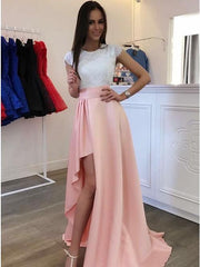 Cap Sleeve Round Neck Lace Bodice Asymmetric Pink Satin Prom Dress