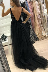 Black Sequins Beaded A-Line V-Neck Tulle Backless Long Prom Dress with Split