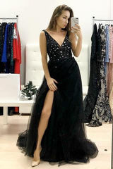 Black Sequins Beaded A-Line V-Neck Tulle Backless Long Prom Dress with Split