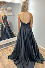 Black Strapless A-Line Satin Long Prom Dress
