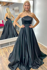 Black Strapless A-Line Satin Long Prom Dress