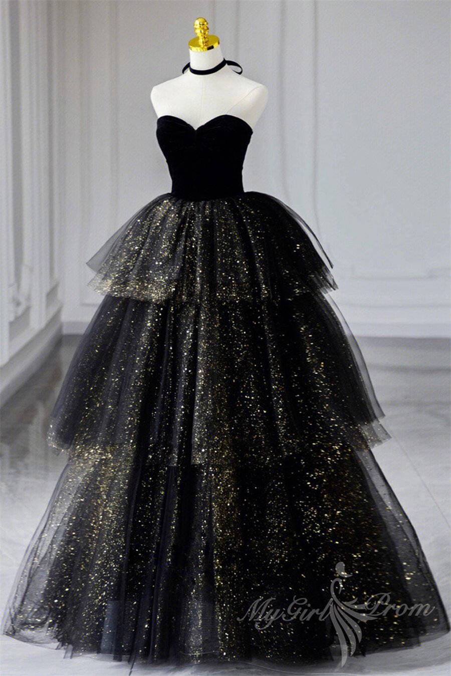 Black Sweetheart Tulle Long Prom Dress with Layered Skirt, Black Formal Evening Dress