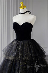 Black Sweetheart Tulle Long Prom Dress with Layered Skirt, Black Formal Evening Dress