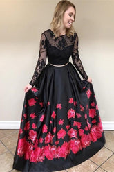 Black Lace Long Sleeves Prom Dress Two Piece with Floral Print
