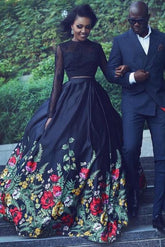 Black Lace Long Sleeves Two Piece Floral Prom Dress with Keyhole Back