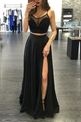 Black Two-Piece Prom Dress, A-Line Spaghetti Straps Evening Dress with Split