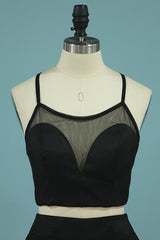 Black Two-Piece Prom Dress, A-Line Spaghetti Straps Evening Dress with Split