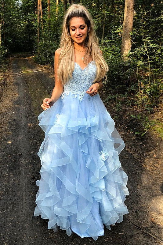 Blue Princess Sweet 16 Dress, Spaghetti Straps Tiered Graduation Prom Dress